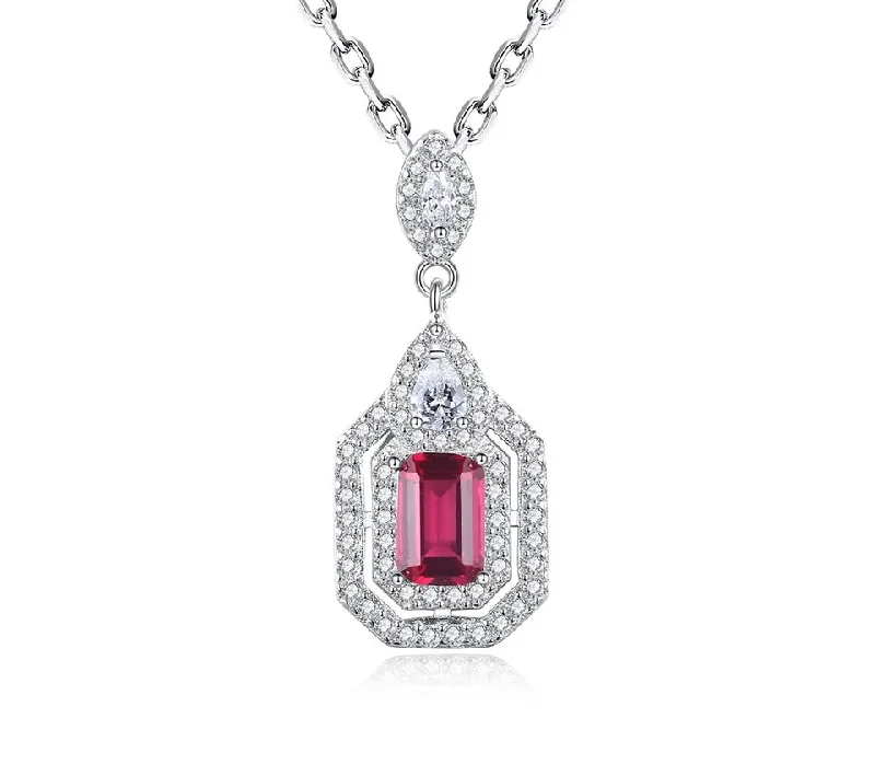 Elegant Square Red Gemstone Necklace S925 Sterling Silver Necklace Cubic Zircon