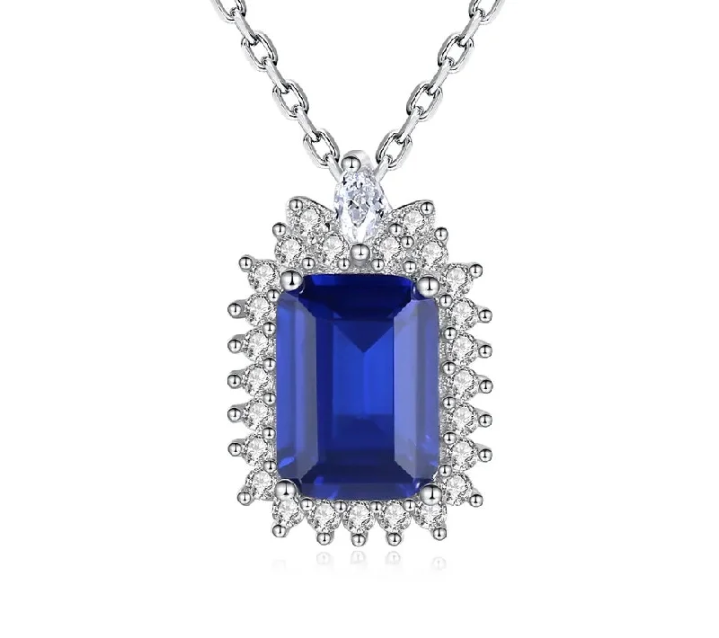 Fashion Women Necklace Sterling Silver 925 Square Dark Blue Gemstone Party Dating Women Necklaces