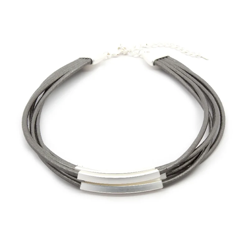 Five Layer Leather Choker Silver Metal Accent Dark Grey