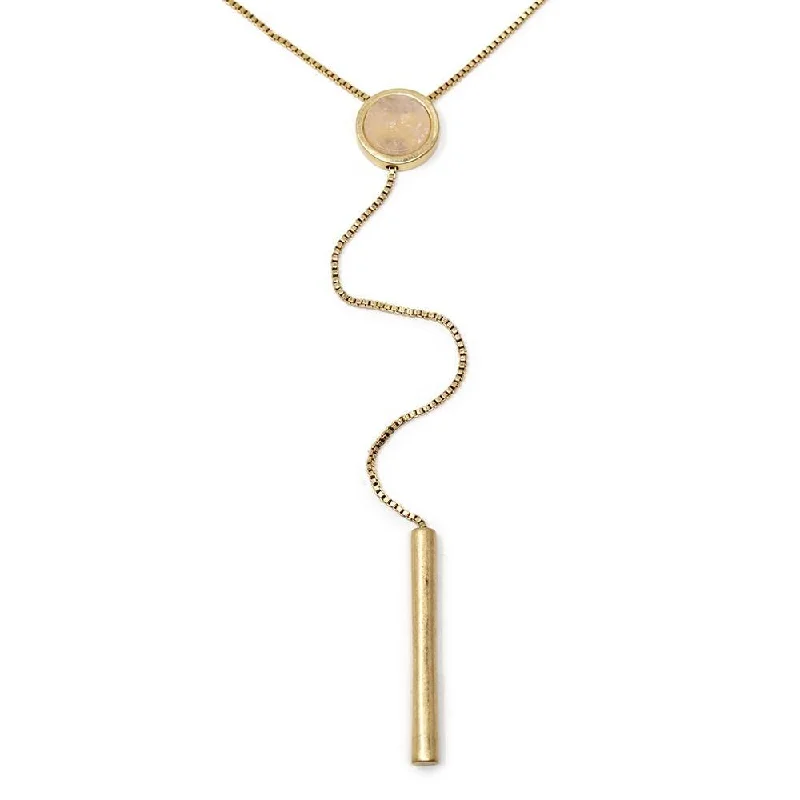 Gold Tone Gem Stone Disc Adjustable Lariat Necklace Pink