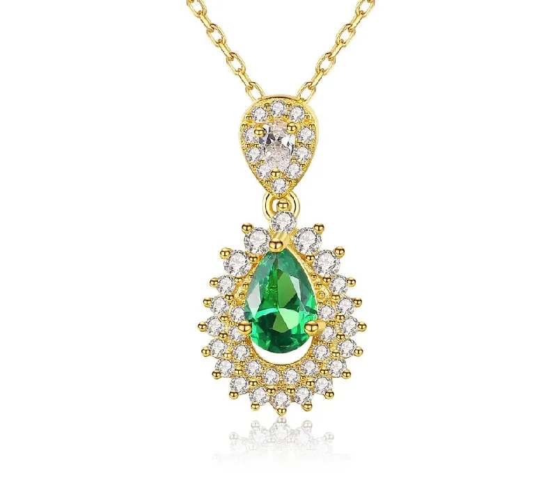 Green Emerald Gem S925 Sterling Silver Gold Plated Necklace Women Pendant Link Chain Necklaces