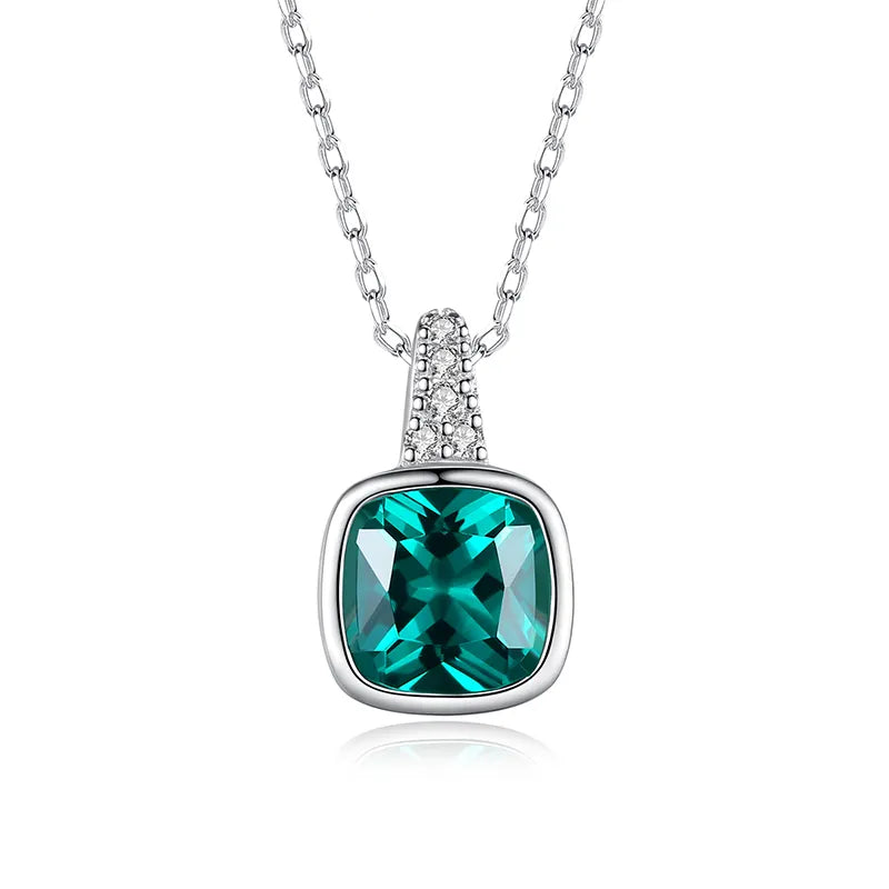 Lady Delicate 925 Square Gem Necklace Sterling Silver Emerald Green Gemstone Men Made Pendant