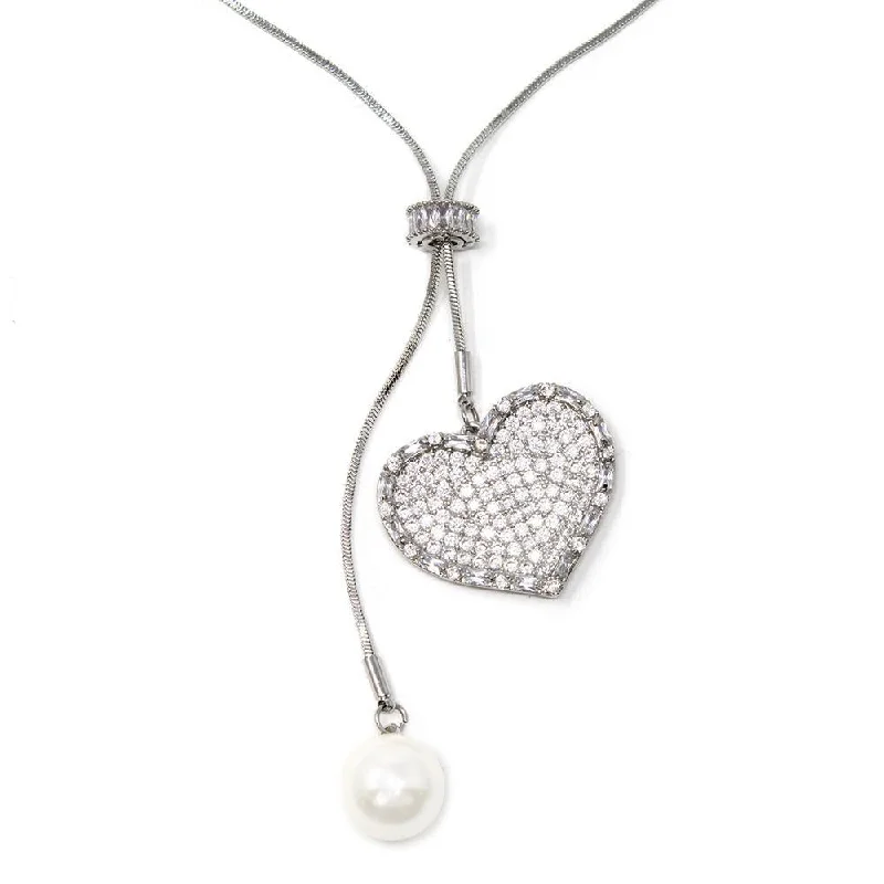 Lariat Necklace 36 Inch CZ Pave Heart and Pearl Silver Tone