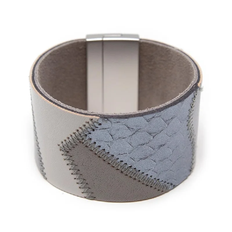 Leather Wide Cuff Stiched Multi Design Grey