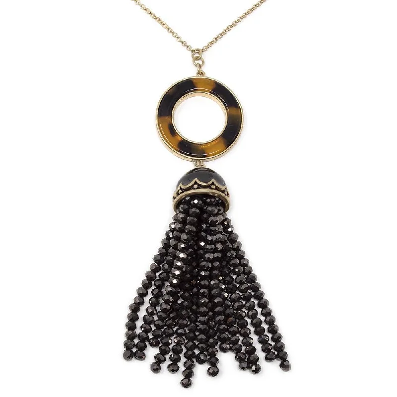 Long Gold Tone Necklace Turtle Enamel Black Bead Tassel