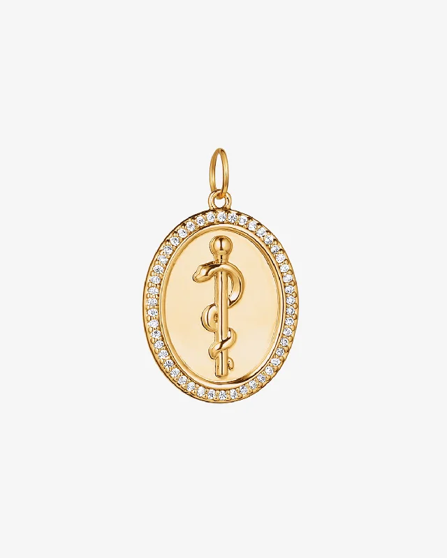 Pavé Rod of Asclepius Medallion Charm