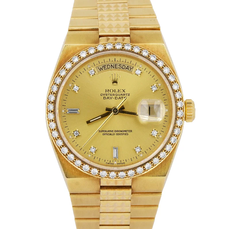 Rolex OysterQuartz Day-Date President Pyramid Diamond Bezel Yellow Gold 19068