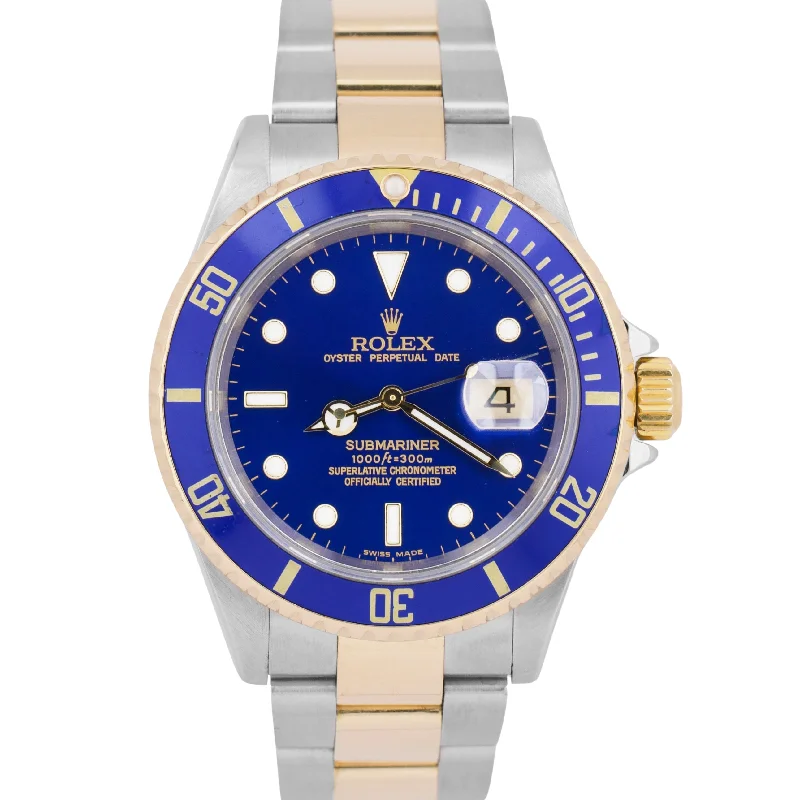 Rolex Submariner Date 40mm Blue Two-Tone GOLD BUCKLE 18K Steel NO-HOLES 16613