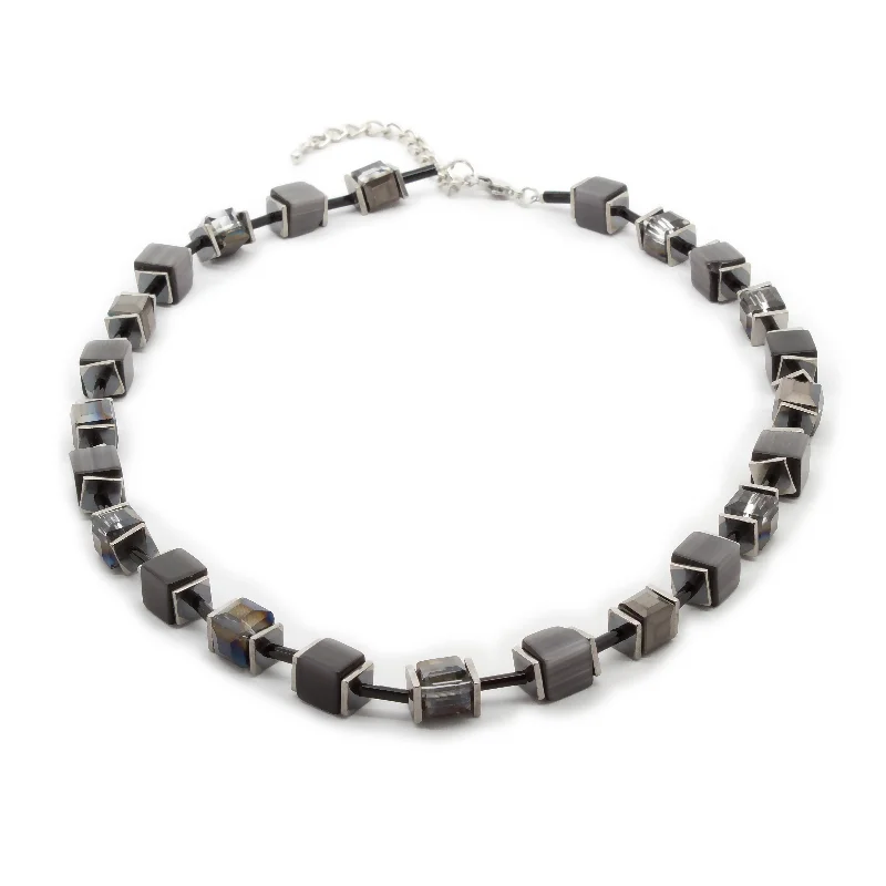 Semi Precious Stone and Crystal Cube Necklace Dark Grey