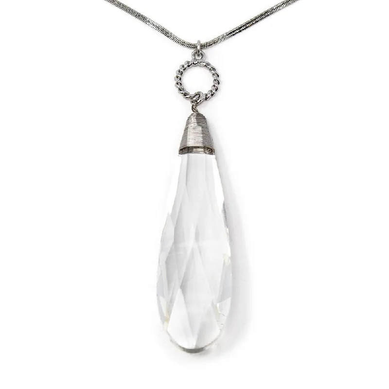 Snake Chain Long Necklace Clear Teardrop Pendant Silver Toned