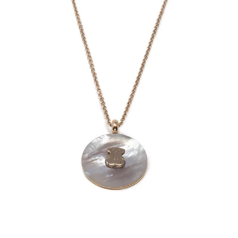 Stainless Steel Bear MOP Disc Necklace Rose Gold Plated