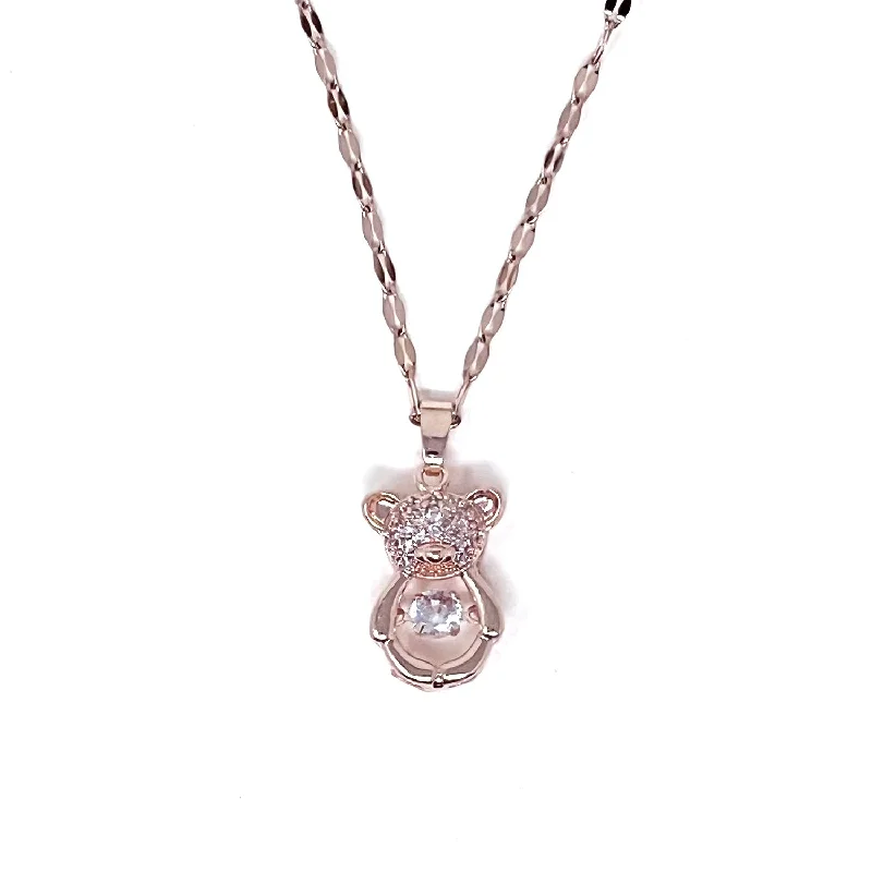 Stainless Steel CZ Pave Teddy Bear Pendant Necklace Rose Gold Plated