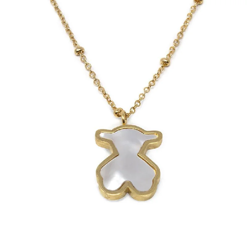 Stainless Steel Necklace CZ Bear MOP Gold Plated