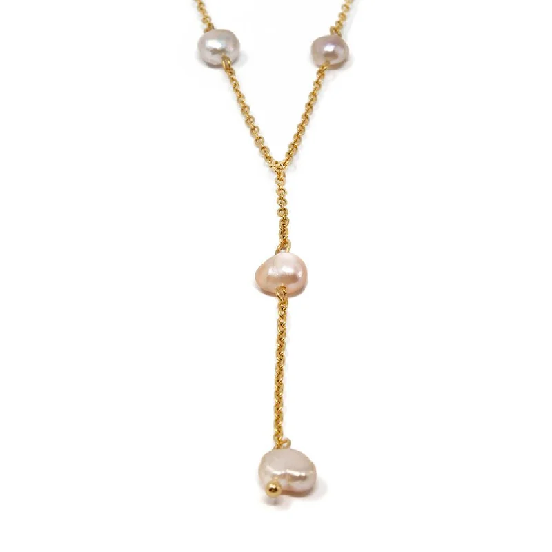 Stainless Steel Pearl Station Necklace Gold Plated