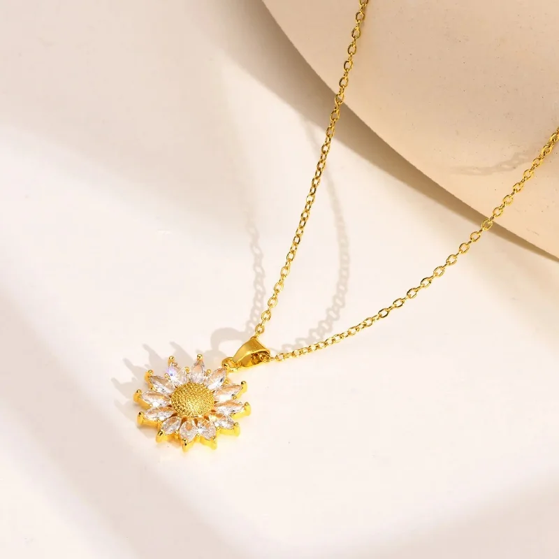 Stainless Steel Sunflower Pendant Necklace Gold Plated