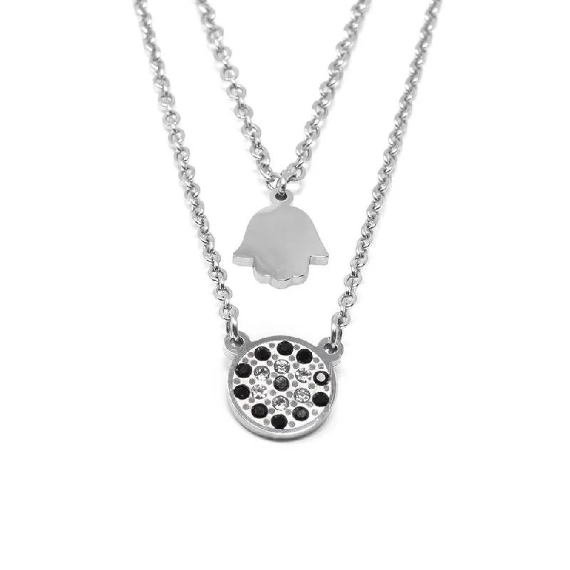 Stainless Steel Two Layer Black CZ Pave Disc Necklace