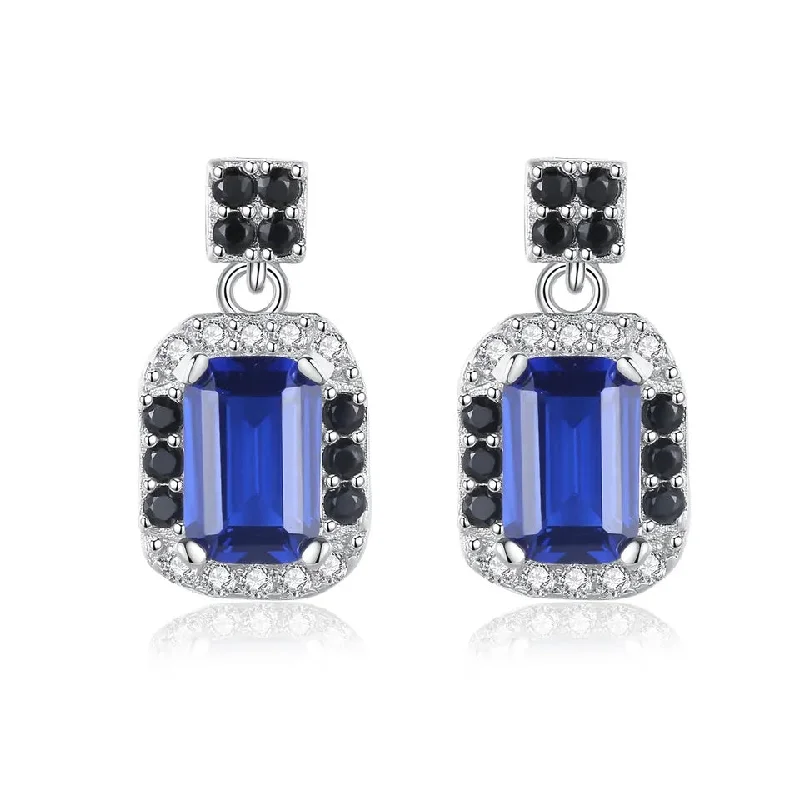 Sterling Silver Earrings Dark Blue Gemstone with Black Cubic Zirconia