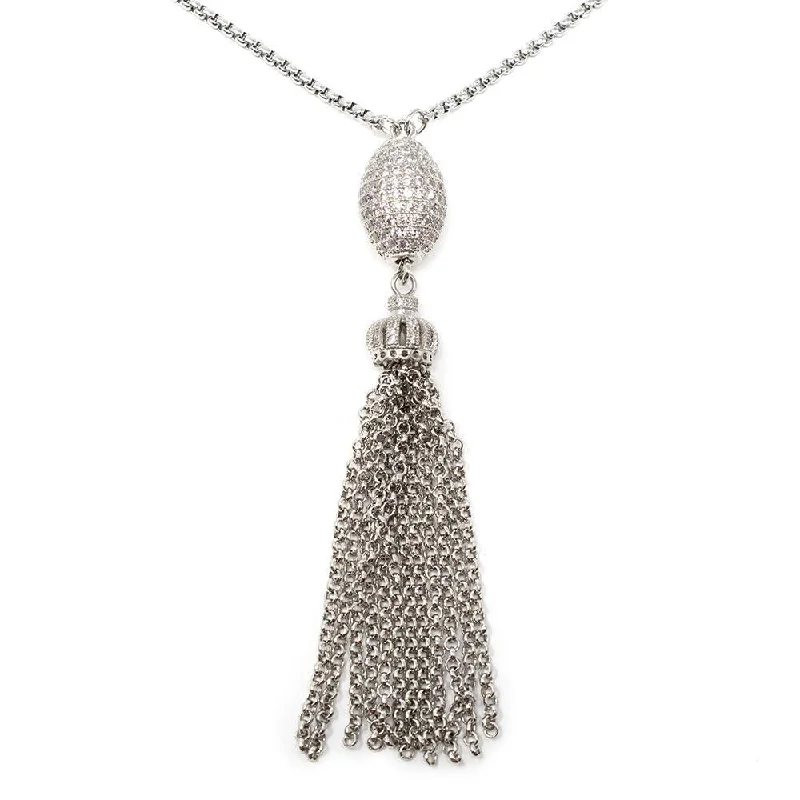 Tassel Necklace CZ Pave Ball Pearl Silver Tone