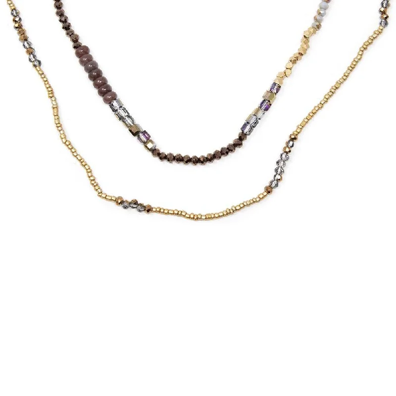 Two Row Glass Beaded Long Necklace Brown