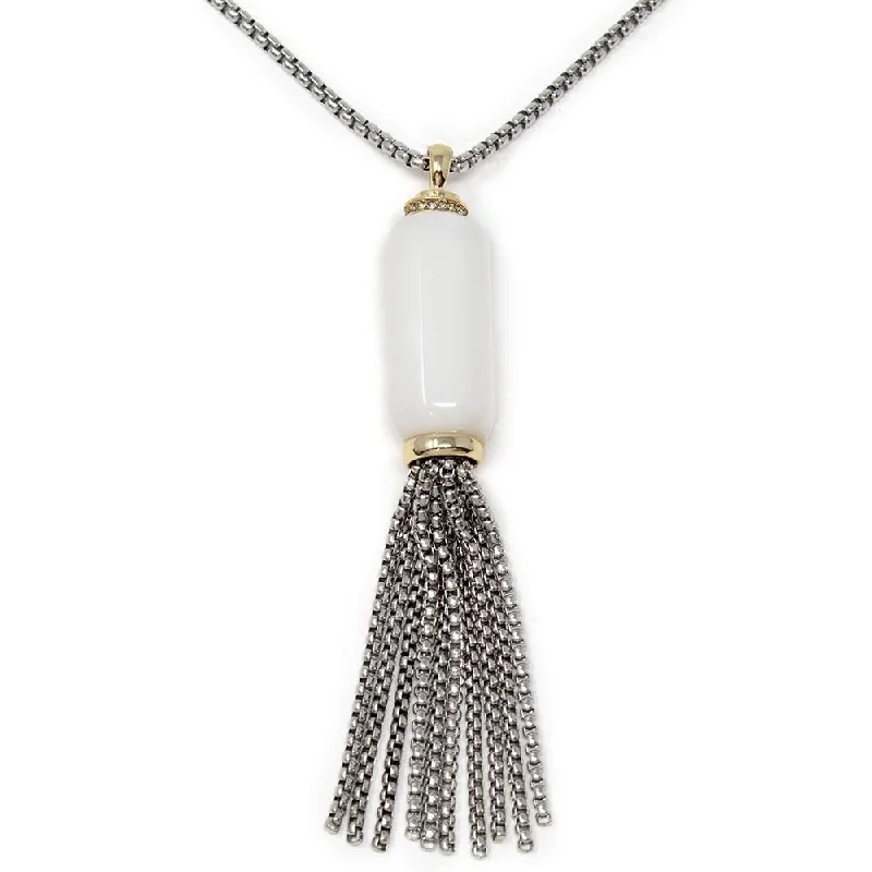 Two Tone GemStone Chain Tassel Pendant Necklace White