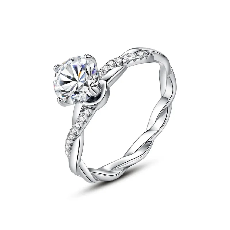 Unique Wave Pave Eternity Sterling Silver Engagement Ring with Diamond and Moissanite