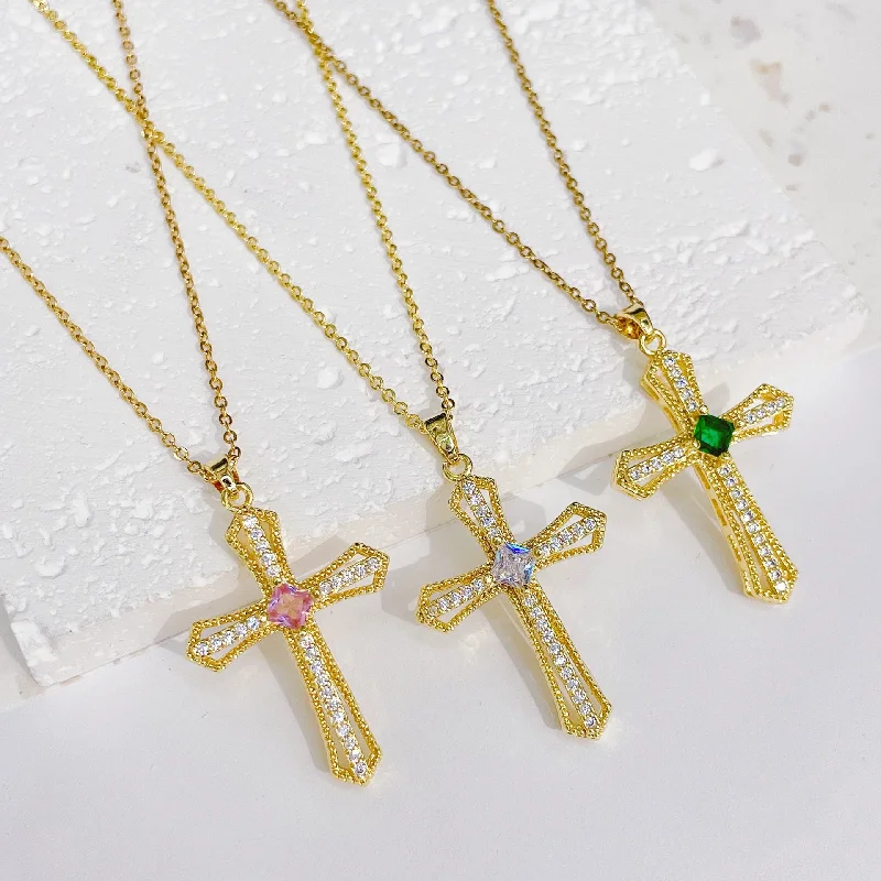 Wholesale Brass Gold Plated Cross Pendant Zircon Cast Titanium Steel Chain Necklaces