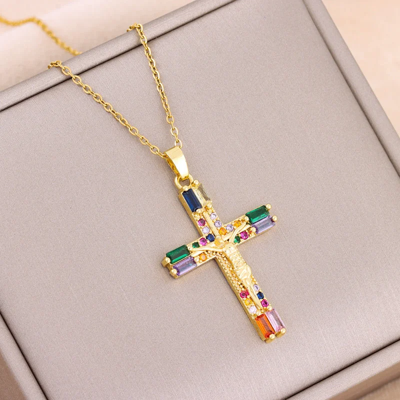 Wholesale Colorful Zirconium Cross Titanium Steel Necklaces