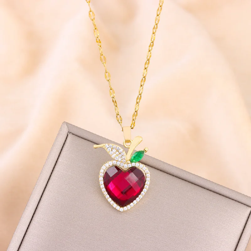 Wholesale Micro Paved Crystal Apple Titanium Steel Necklaces