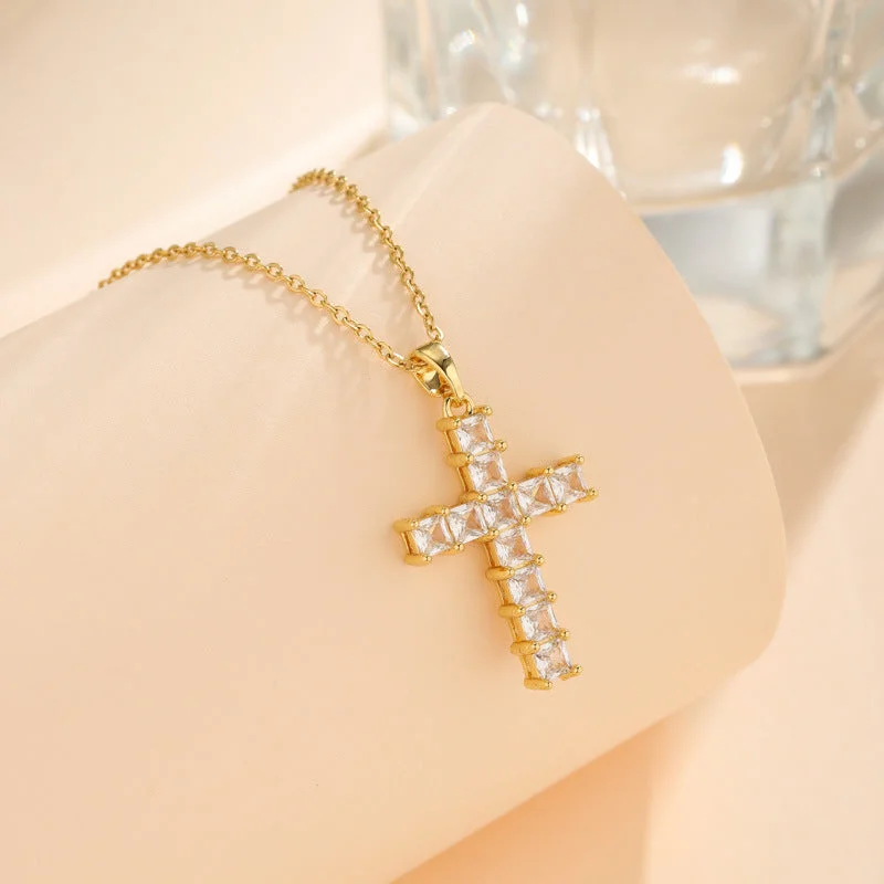 Wholesale Stainless Steel Full Diamond Square Zircon Cross Pendant Necklace