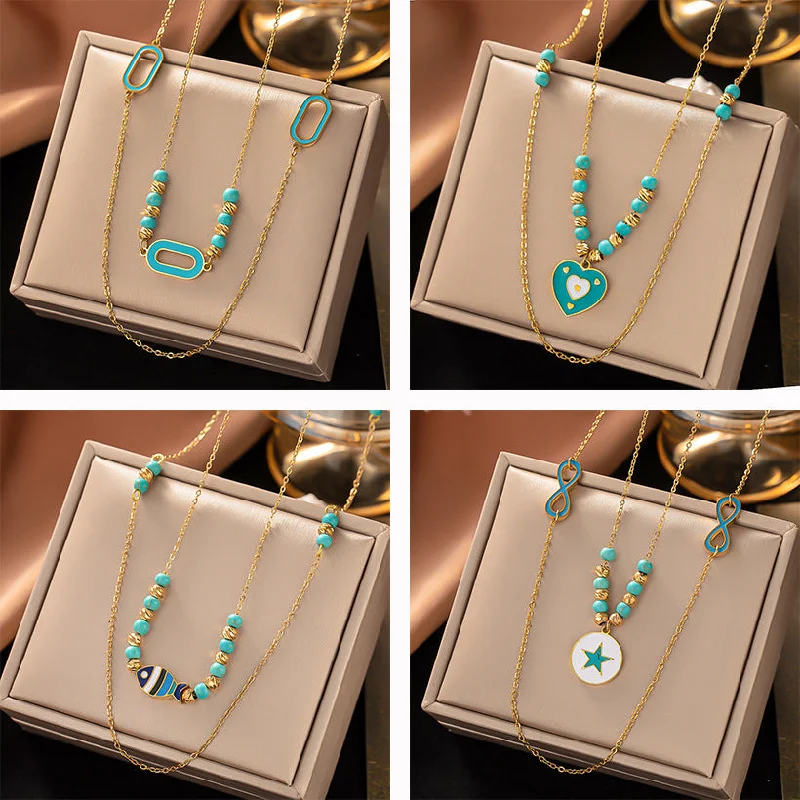 Wholesale Titanium Steel Layered Wear Drop Turquoise Necklace