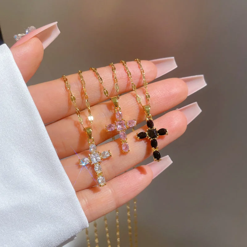 Wholesale Titanium Steel Micro-paved Light Luxury Zircon Cross Necklace Clavicle Chain