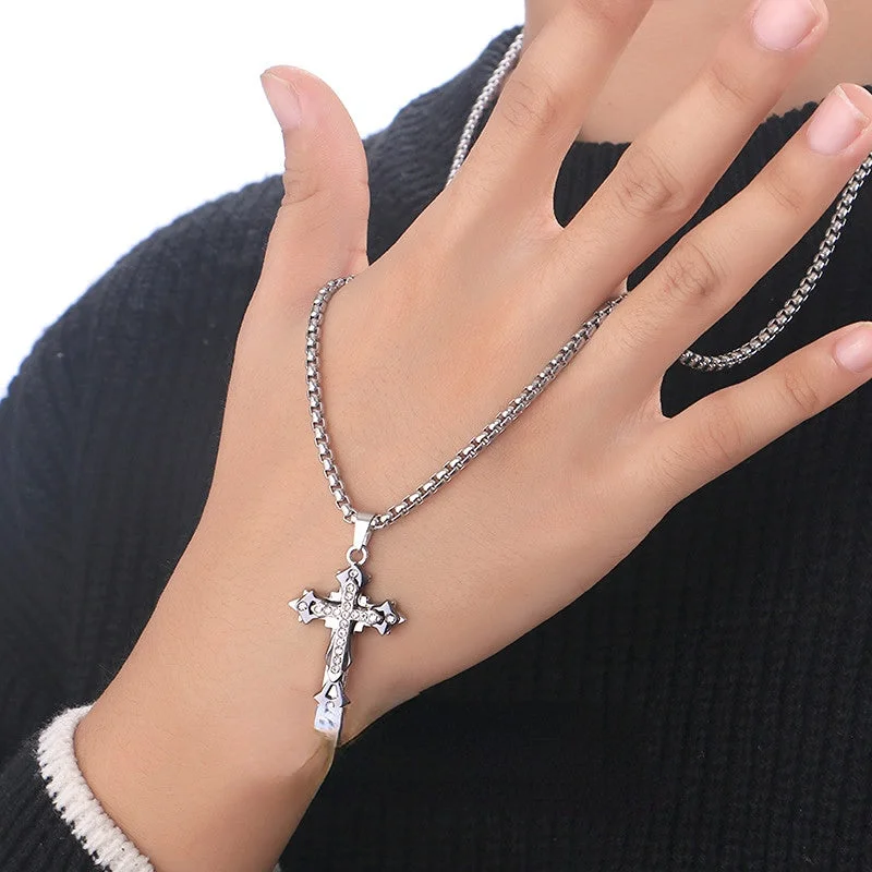 Wholesale Titanium Steel Zircon Cross Pendant Necklace