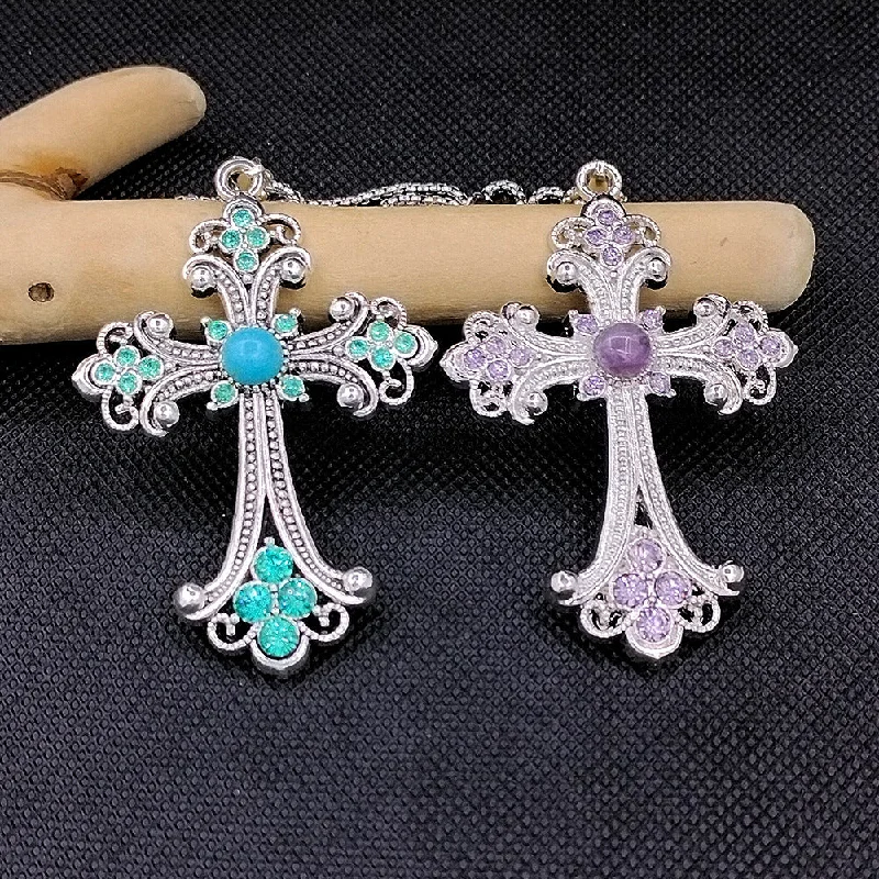 Wholesale Vintage Flash Diamond Turquoise Cross Large Necklace