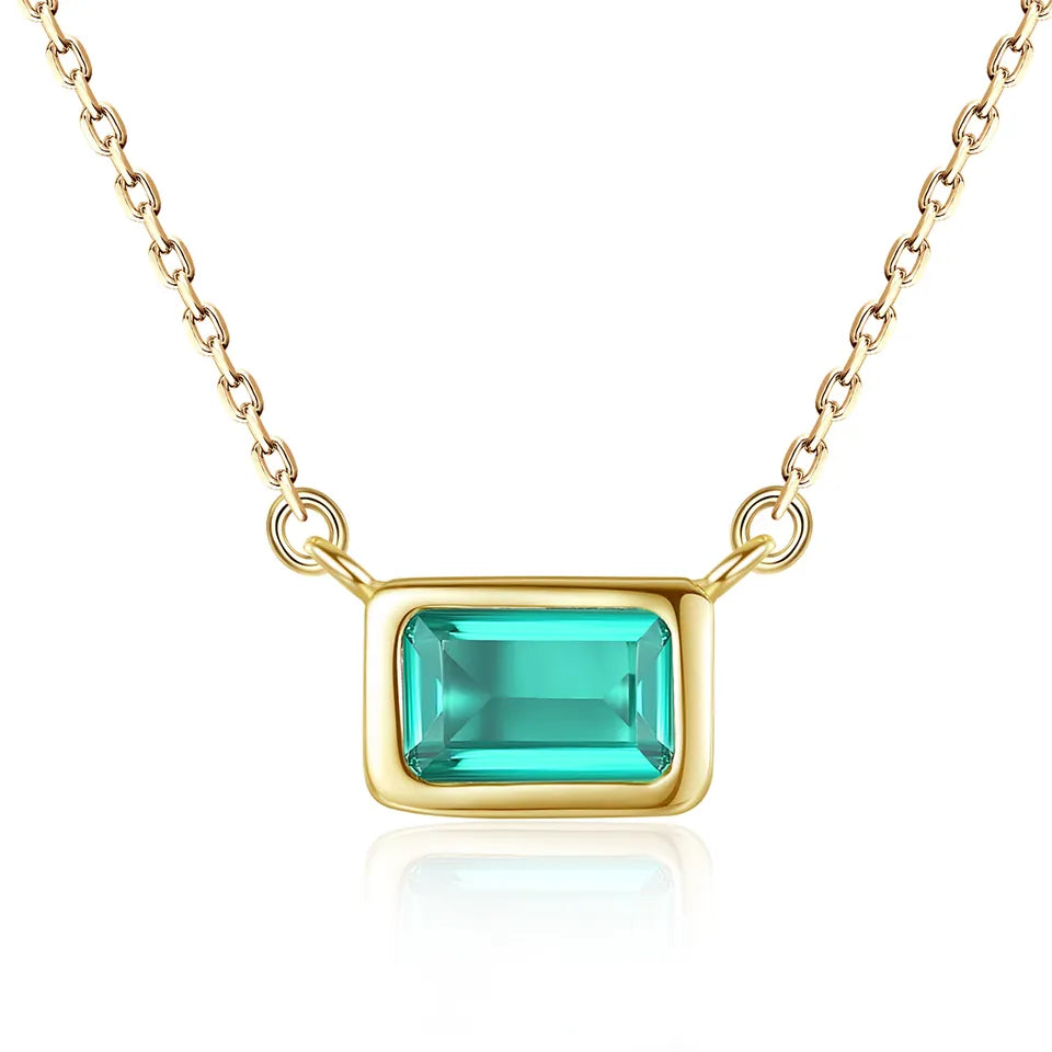 Women 925 Sterling Silver Gold Plated Chain Link Design Necklace with Sky Blue Square Pendant Jewelry