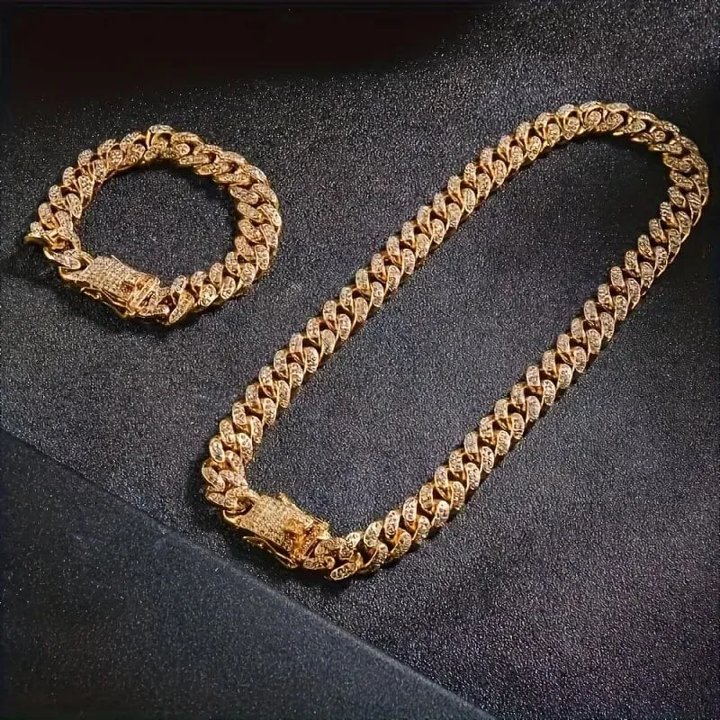 2-Piece Set: Unisex Hip Hop Cuban Chain Necklace and 8" Bracelet