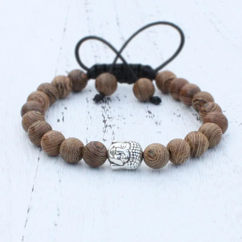 8mm Natural Wood Beads Adjustable Bracelet With Antique Buddha Head Charm