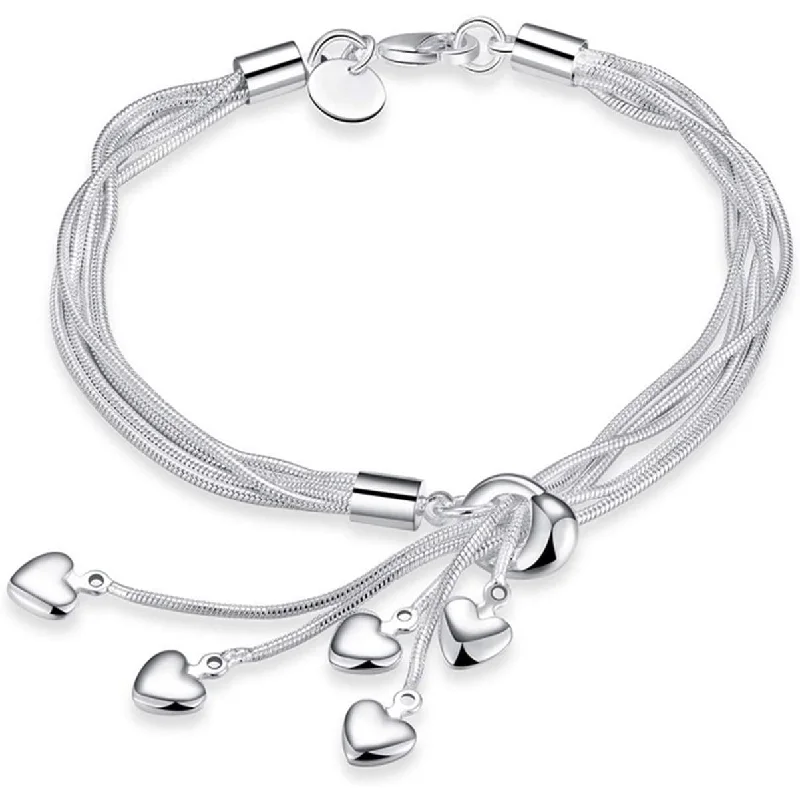 .925 Sterling Silver Five-Line Chain with Five-Heart Bracelet