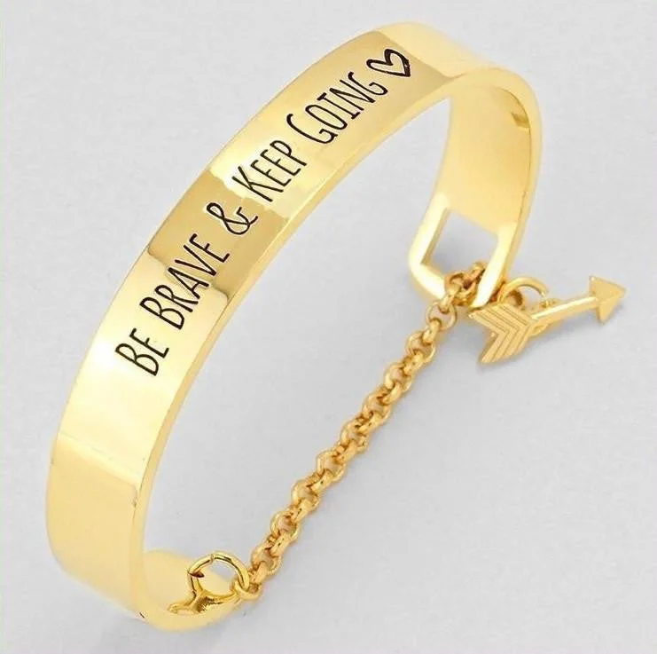 Be Brave and Keep Going Inspirational Cuff Bracelet With Safety Chain