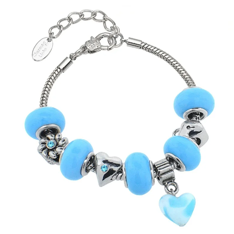 Crystal Glass Murano Charm Bracelet - Light Blue Leopard