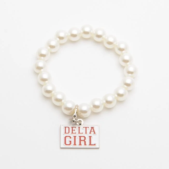 ΔΣΘ White Pearl Bracelet with Delta Girl Charm