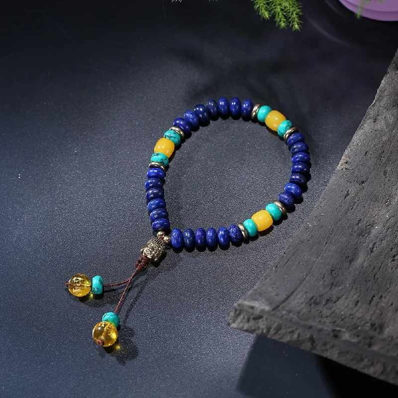 Flat Natural Lapis Lazuli Stone With 6 Syllable Mantra Tassel and Buddha Head Charm Mala Bracelet