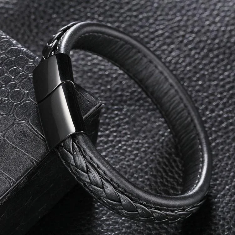 Genuine Leather Braided Bracelet With Black Stainless Steel Magnetic Clasp