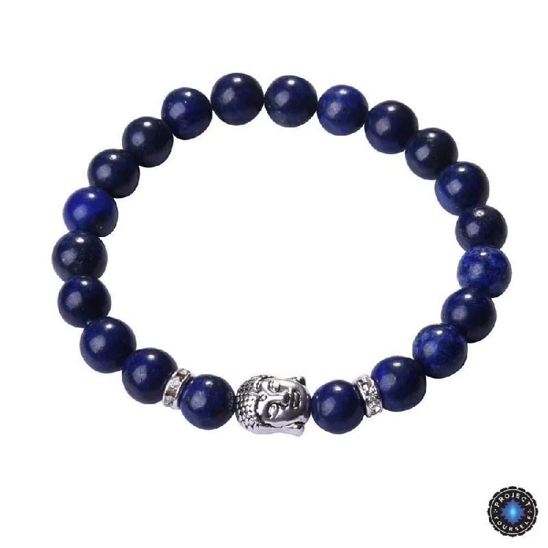 Lapis Lazuli Buddha Bracelet: Silver Plated with Crystal Stud Spacer