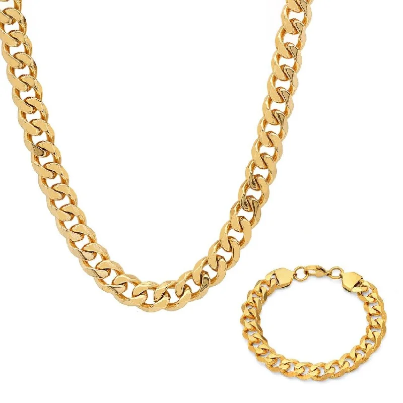 Men's 18k Gold Plated Stainless Steel Cuban Link Chain Bracelet/Necklace Set