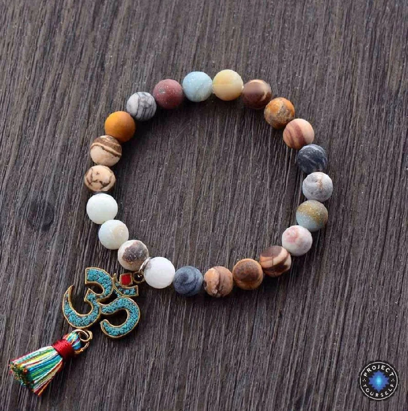 Natural Jasper Beads with Tibetan OM Charm and Short Tassel Mala Bracelet