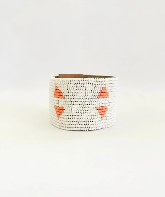 Wide Leather Triangle Bracelet - WHITE/SALMON